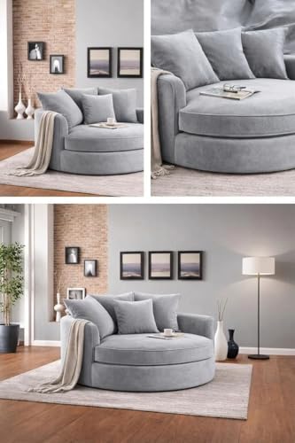 Image of SOFALIZE - Modern Barrel Accent with Pillows Round Sofa Modern Combines Contemporary Design Oversize Arm Chair Cozy Club Chair for Bedroom, Living Room, Lounge, Hotel & Office Hallways Sofa (Grey)