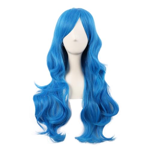 MapofBeauty 28 Zoll/70 cm Seitenscheitel Pony Charmante Frauen Lange Lockige Volle Haar Gewellt Perücke (Gemischt Vivid Blau)