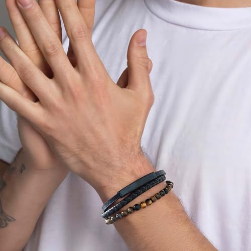 Tiger Eye Leather Bracelet Beaded Bracelet for Men Leather Bracelet - Many Layer Black Leather Bracelets Wristband with Adjustable Spiritual Jewelry, Trendy Design Gift for Men