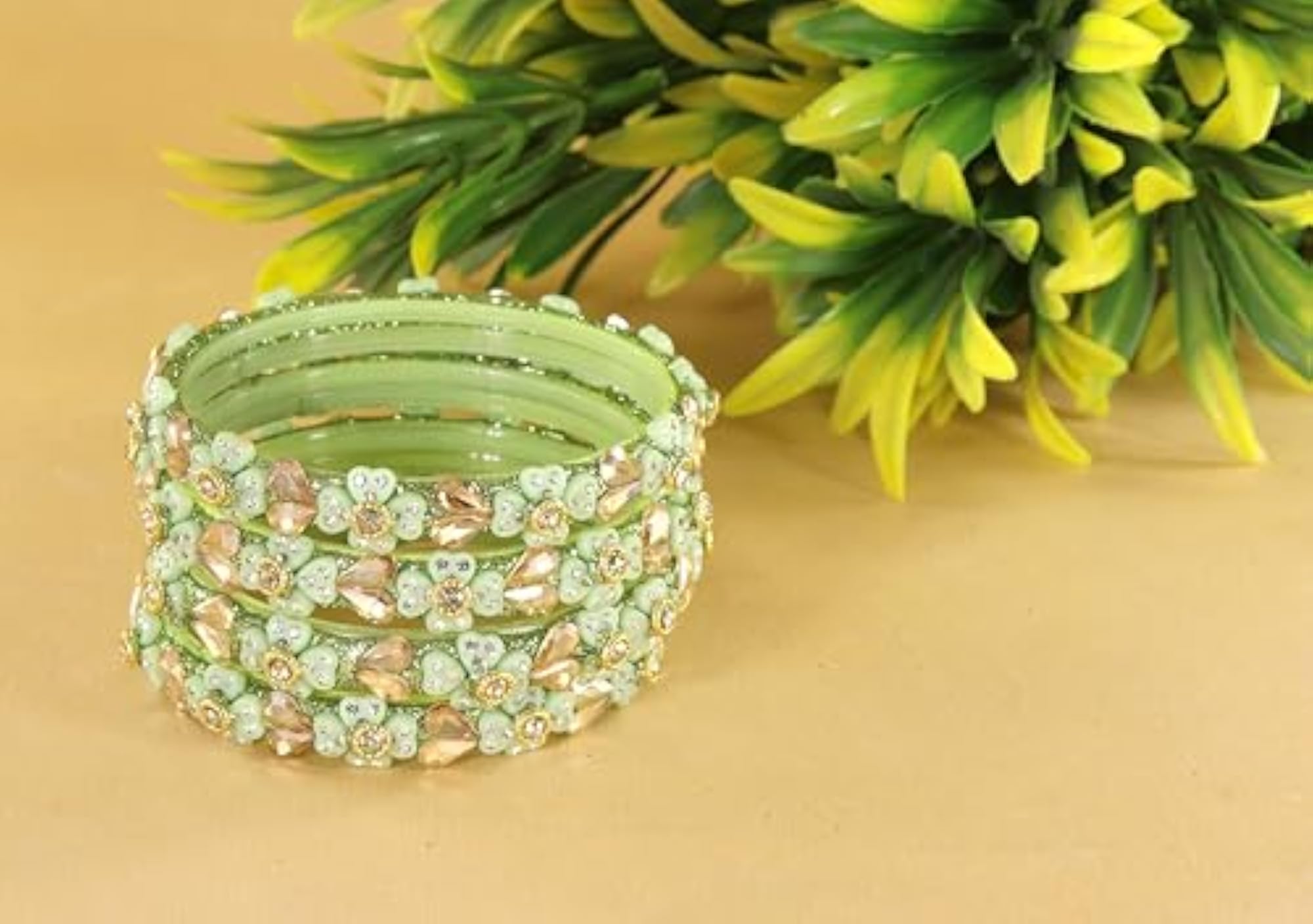 Stylish Glass Bangles Bracelet Set with Golden Zircon Diamonds