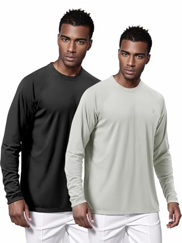 Mens 2 Pack UPF 50+ UV Sun Protection Shirts Outdoor Long Sleeve SPF Rash Guard for Fishing Hiking Swimming Running