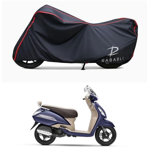 Image of Waterproof Bike Body Cover Compatible for | TVS Jupiter Classic | Taffeta Fabric, Red Piping Design, Bottom Elastic Fit | Dustproof, Sun UV & Rain Protection for All Bikes