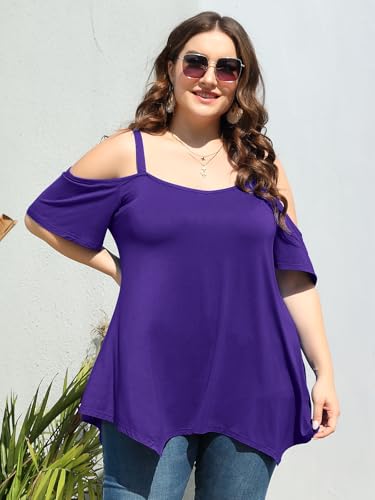 Image of LARACE Cold Shoulder Tops for Womens Summer Clothes Spaghetti Strape Tunic Oversized Shirts Asymmetrical Plus Size Blouse