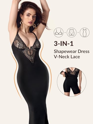 Image of Women's Summer Built-in Bra and Shapewear Bodycon Sexy Maxi Dress with Lace Deep V-Neck and Spaghetti Straps