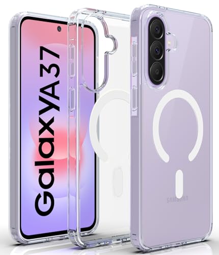 Image of RIGGEAR Shockproof Clear Hybrid Armor Magnetic Back Cover Case Compatible with MagSafe Accessories for Samsung Galaxy A37 5G (Transparent PC and TPU Bumper)