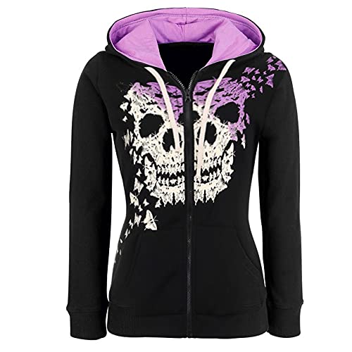 Holywim Jacke Damen Schädel Print Sweatjacke Winter Herbst Zip Hoodie Pulli Oberteile Damen Kapuzenpullover Pullover mit Kapuze und Kordel Cover
