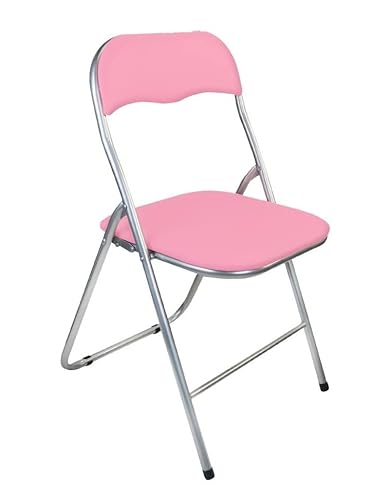 HOMION Folding, Desk Chair, Padded Light Weight, Space Saving, Silver Frame, Faux Leather Padded Seat (Pink)