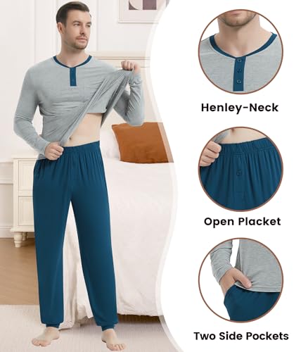 Image of NACHILA Mens Pajamas Set Long Sleeve Henley Sleepwear Top Soft Jogger Pants Pajamas Cool Pjs Set,Viscose Made from Bamboo