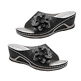 Sandalias ortopédicas de cuero suave con soporte de arco, sandalias de cuña cómodas con decoración floral para mujer, sandalias cómodas de verano, Black, 38.5 EU