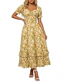 SCARLET DARKNESS Women's Victorian Dresses Floral Short Sleeve Ruffled Hem Summer Long Boho Dress Yellow and White Floral XL