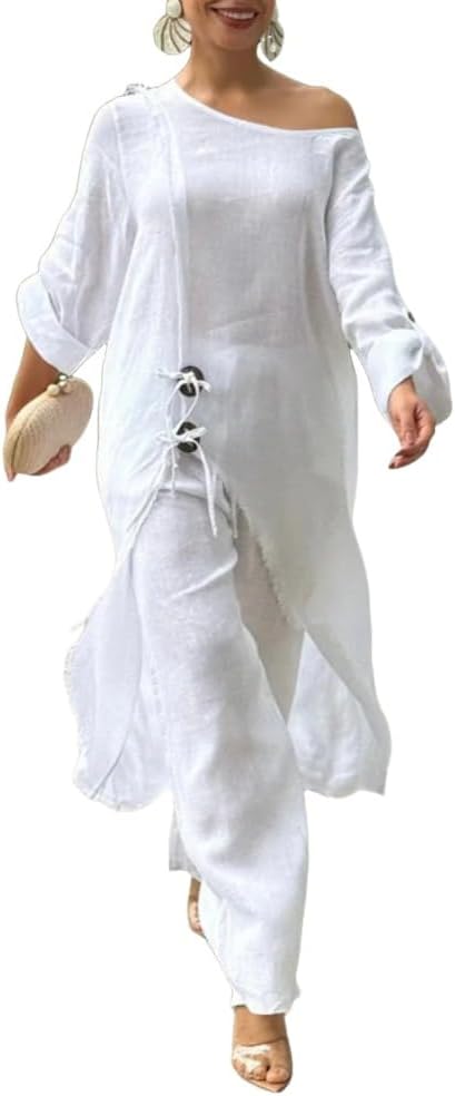 CHICME Women 2 Piece Outfits Cold Shoulder Long Sleeve Top Wide Leg Pants Linen Matching Lounge Set