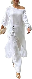 Women 2 Piece Outfits Cold Shoulder Long Sleeve Top Wide Leg Pants Linen Matching Lounge Set