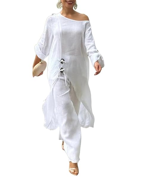 CHICME Women 2 Piece Outfits Cold Shoulder Long Sleeve Top Wide Leg Pants Linen Matching Lounge Set