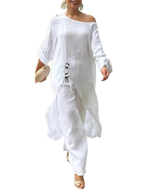 CHICME Women 2 Piece Outfits Cold Shoulder Long Sleeve Top Wide Leg Pants Linen Matching Lounge Set