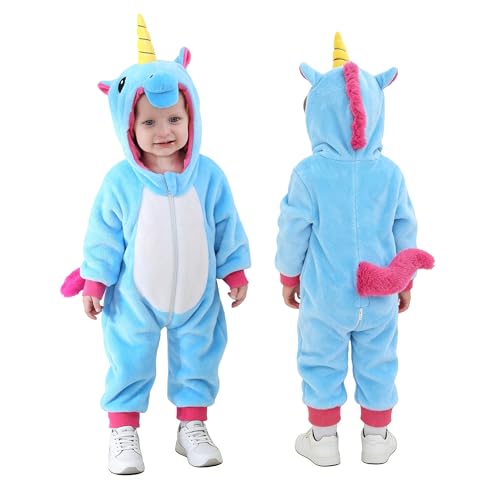 TONWHAR Unicorn Costume for Toddlers Infants – Hooded Animal One-Piece Outfit for Fall & Winter, Warm for Halloween(2-3T,Blue Unicorn)