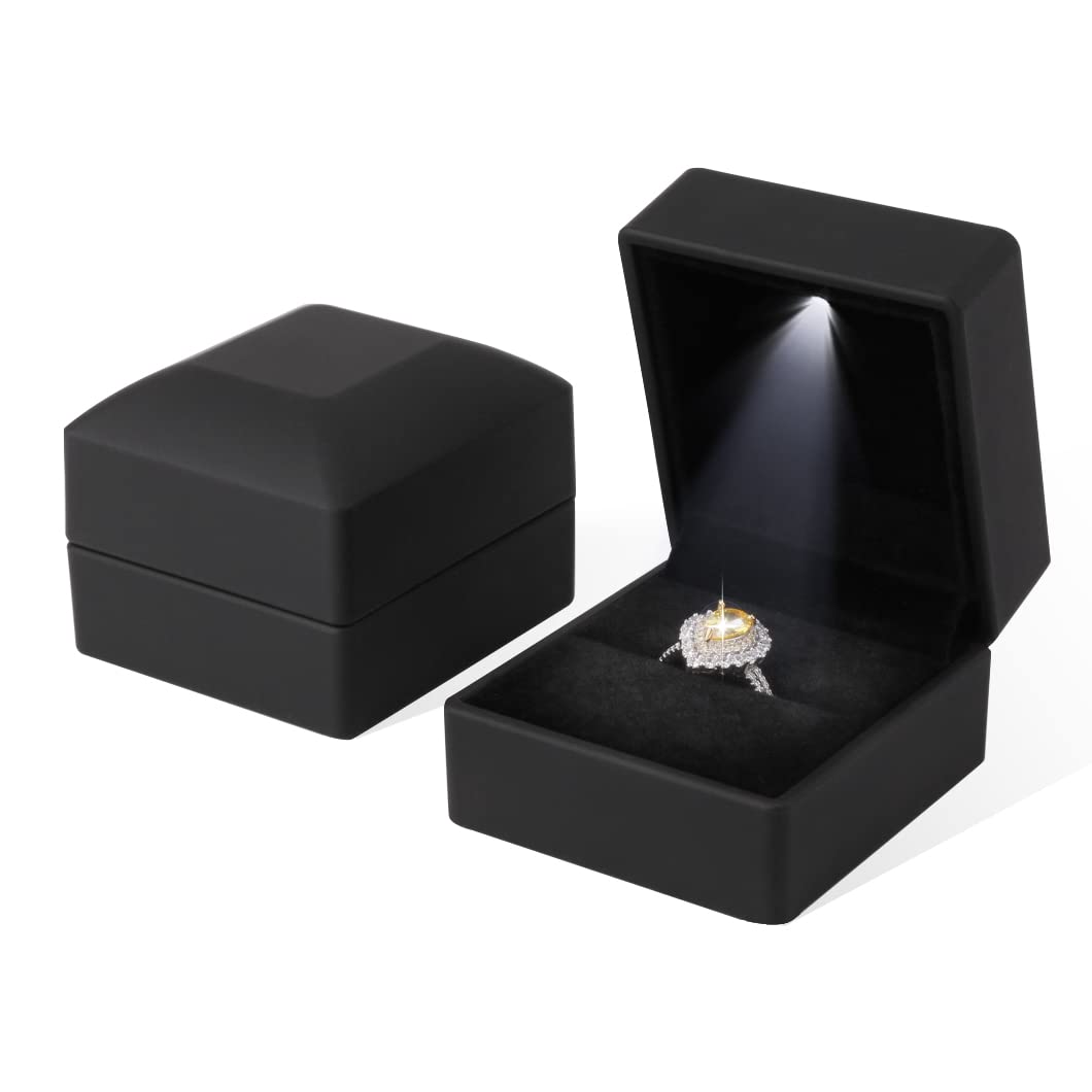 Rolin Roly Black 2Pcs Ring Box With Led Light Square Jewelry Ring Case Jewellry Display Gift Boxes For Proposal Wedding Ring Box Ceremony Engagement Proposal Anniversary (Black)