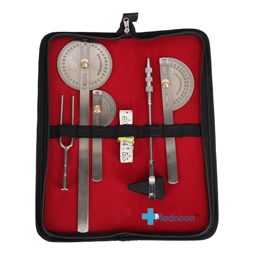 Image of Goniometer Set | Stainless Steel | with Carrying Case | Physical Therapy Assessment Kit | 3 Goniometer (Small, Medium And Large) Triangular Hammer, Measuring tape and Tunning Fork (512HZ) |