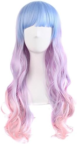 MapofBeauty 28 Inch Long Wavy Harajuku Style Cosplay Wig, Blue/Purple/Pink