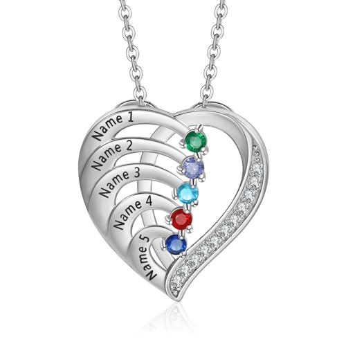 Jewelstruck Personalized Mothers Necklace with Birthstones Sterling Silver Necklace for Women Engraved Names Anniversary Birthday Gifts for Mom Wife Nana Mothers Day Christmas Gift Ideas
