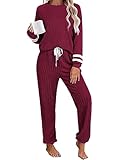 Ekouaer 2 Piece Long Sleeve Sweatsuits with Pockets Lounge Sets for Women Ribbed Knit Outfits Pajamas Sets Wine Red
