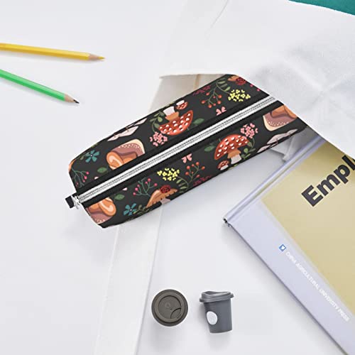 Image of Leather Pencil Case - Mushroom Snails Butterfly Flower Pattern, Stationery Bag Pen Organizer Makeup Cosmetic Holder Pouch for School Work Office College