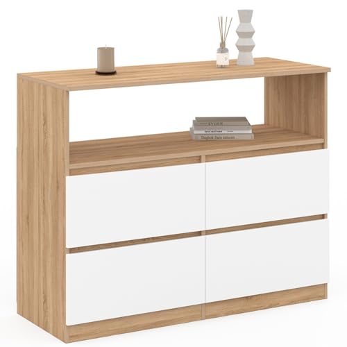 IDMarket - Commode 4 tiroirs TOMI 100 cm avec Niche façon hêtre et Blanc