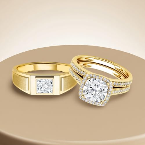 S925 Silver 10K 14K 18K Gold Couple Wedding Bands Ring Set for Her and Him 1-3 Carat Moissanite Couple Matching Engagement Rings Set 3pcs Bridal Rings Sets for Women and Men Free Engraving3