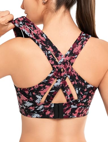 Image of Yvette Women High Impact Sports Bras Criss Cross Back Sexy Running Bra for Plus Size, Red Printed, 2XL(DF)