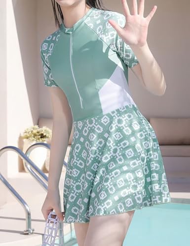 Image of Teen Girls One Piece Short Sleeve Skirted Bathing Suit Rash Guard Swimdress | Modest Sporty Zipper Front Swimsuit for Teenagers