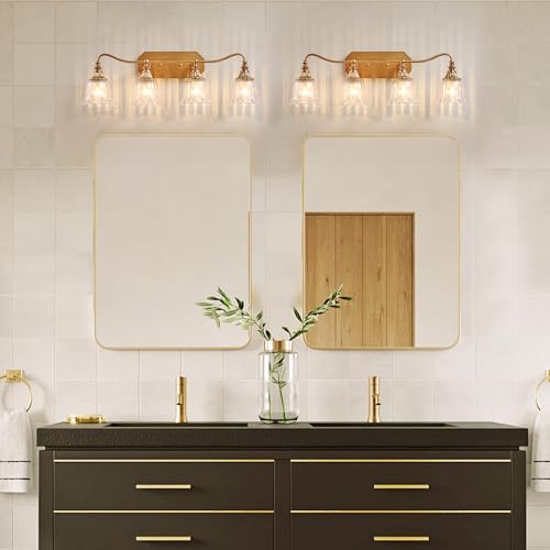 Image of LmnLvn Brushed Gold 4-Light Bathroom Light Fixture, Crystal Glass Shade