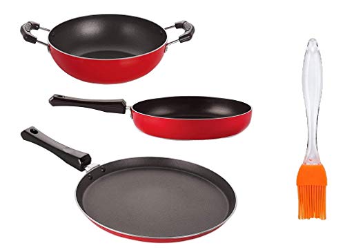 Sjeware Cookware Set Non Stick Flat tawa Non Stick 28.5 cm Frying Pan Non Stick 24 cm Kadai Non Stick Combo Offer 24 cm Large Size, red, Standard (2MMGIFTSET)