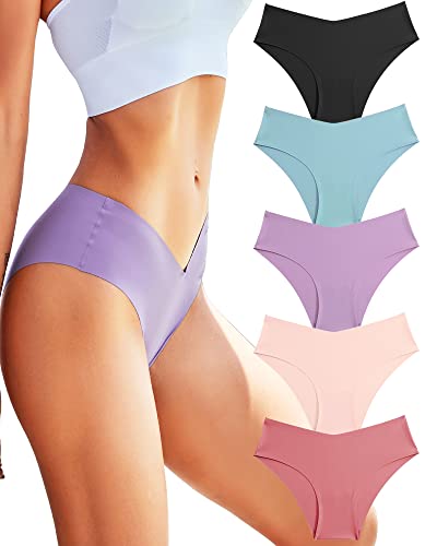 ROSYCORAL Women’s Seamless Underwear Soft Stretch Briefs Invisibles Hipster V Cut cheeky No Show Bikini Panties 5 pack XS-L
