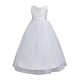 K-youth Vestido Niña, Vestidos De Fiesta Niña Tutú Princesa Vestido de Niña Vestido De Princesa para Niña Encaje Tul Vestido de Ceremonia Vestido de Boda Bautizo(Blanco, 11-12 años)