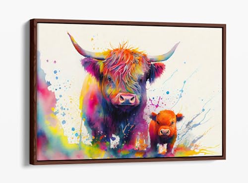 Impression sur toile vache arc-en-ciel cadre noyer 76x51 cm