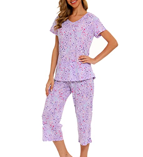 Pyjama 2 pièces pour femme - Haut à manches courtes avec pantalon 3/4, Violet étoiles, XL Cover