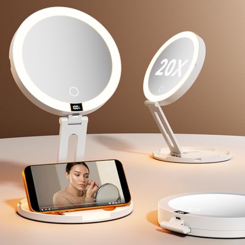eeuuty Travel Makeup Mirror with Lights (Gen 3) - 20X/1X Dual Sided Magnifying Mirror with Digital Power Display - Rechargeable, 3 Color Dimmable, CRI 95+ - Portable Folding Design