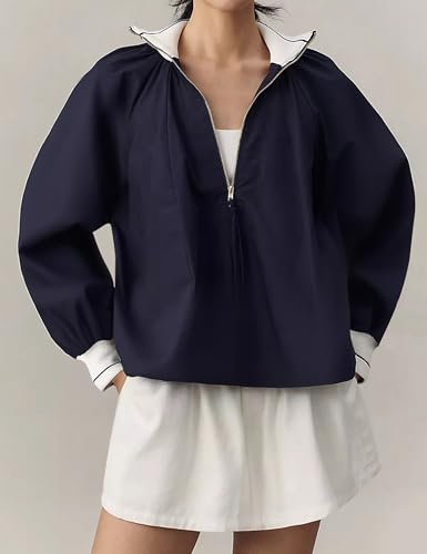 Women Half Zip Puff Sleeve Sporty Henley Blouse Dressy Casual Loose Fit Swing Tops Tunic Shirts2