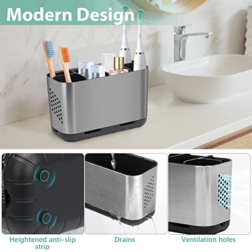 Boperzi Toothbrush And Toothpaste Holder Brushed Nickel Drainage For Bathroom Vanity, Large Electric Toothbrush Storage Caddy Anti-Slip Rustic With Adjustable Dividers For Family, Kids #TOP1