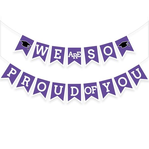 Image of Purple We Are So Proud Of You Banner Congrats Grad Cap Bunting Flag Grad Party Decoration Idea