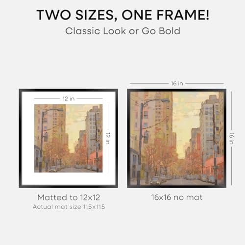 Image of Homeforia 16x16 Picture Frame Black, High End Metal 16x16 Square Poster Frame Matted to 12x12 Print, 16 x 16 Black Frames with Mat 12 x 12 Photo, 16by16 Thin Frames, Tempered Glass, Wall Kit, Set of 3