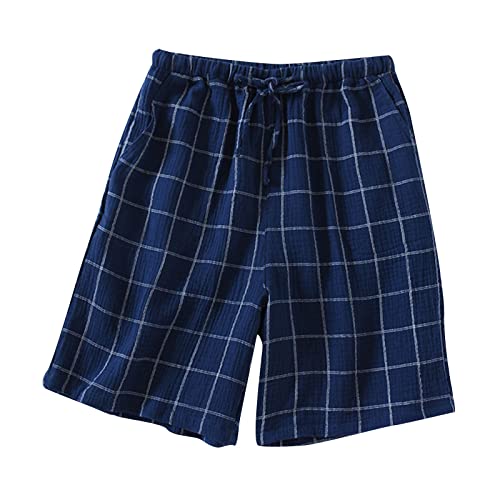 Men's Sleepwear Shorts Cotton Plaid Casual Shorts Pajama Bottom Lounge Short with Pockets Elastic Waist Sleep Shorts