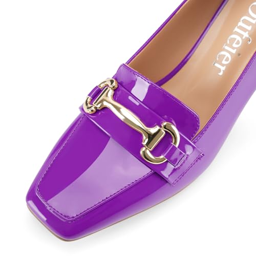 Image of Womens Mid Block Chunky Heeled Loafers Closed Square Toe Patent Leather Comfortable Slip On Pumps Metal Chain Basic Classic Casual Work Office Dress Shoes 2.8 Inches Heels