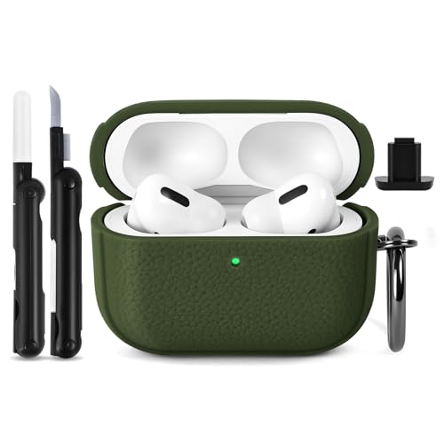Ainiv Funda Compatible con AirPods Pro 3 (2025), con Kit de Limpiador Ilavero Funda Protectora de TPU con Textura De Cuero, Antigolpes y Cobertura Total Indicador LED Frontal Visible-Verde Militar