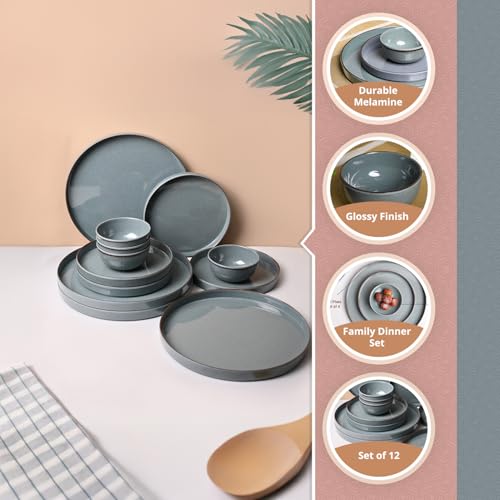 Image of MARKET 99 Melamine Dinner Set of 12 Pcs | Glossy Round Dinnerware & Crockery Set | 4 Full Plates, 4 Quarter Plates & 4 Soup Bowls | Lightweight Tableware Set for Everyday Kitchen Dining