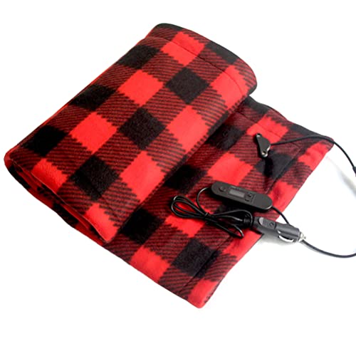 Keenso 12V Electric Car Blanket, Heated Fleece Travel Throw with Temperature Control, Foldable, Heating, for Car RV Winter, Office Use (Black and red Grid)