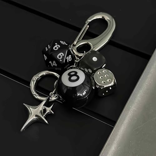 Image of magic 8 ball dice keychain, cute aesthetic y2k pool ball star key chain for men, purse bag charms for handbags backpack, billiards gifts for men