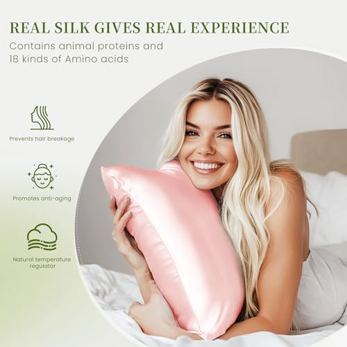 Image of THXSILK Mulberry Silk Pillowcase King Size, Set of 2 Pillowcases, Pillow Cover with Hidden Zipper, Soft Smooth Cooling Pillowcases for Hair and Skin, Gift for Women Men, Charming Pink