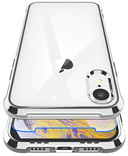 Garegce Coque iPhone XS, Coque iPhone X Transparente Placage Silicone [Verre Trempé Protecteur] Anti-Rayures Léger TPU Bumper Etui pour iPhone X/XS 5.8" - Argenté Cover