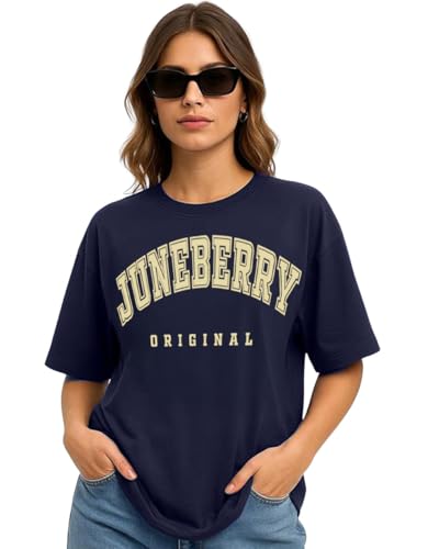 Image of JUNEBERRY Pure Cotton Oversized Drop Shoulder Brand Logo Typography Print Round-Neck Baggy Fit T-Shirt for Women (Available in Navy, Green & Pink Colors)