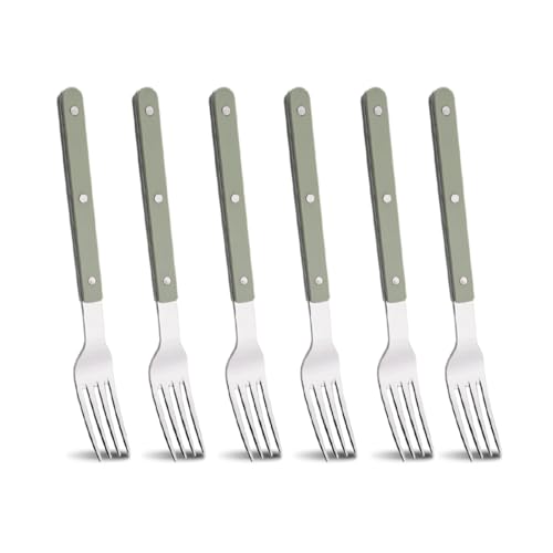 BRIIEC 6 Pieces Stainless Steel Dessert Forks Set Salad Fork, Green Acrylic Handle Silverware Set Retro Rivet Design, Mirror Polished, Dishwasher Safe